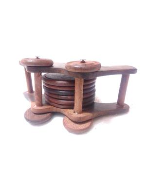 Desi Karigar Old Vintage Wooden Hand carved Brass Fitted Wooden Tea coasters on wooden cart - 12164044 - Standard Image - 4
