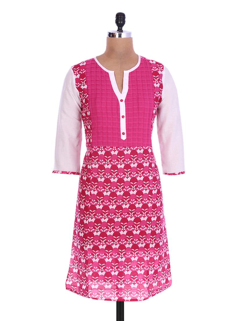 Pink And White Cotton Printed Kurta - By