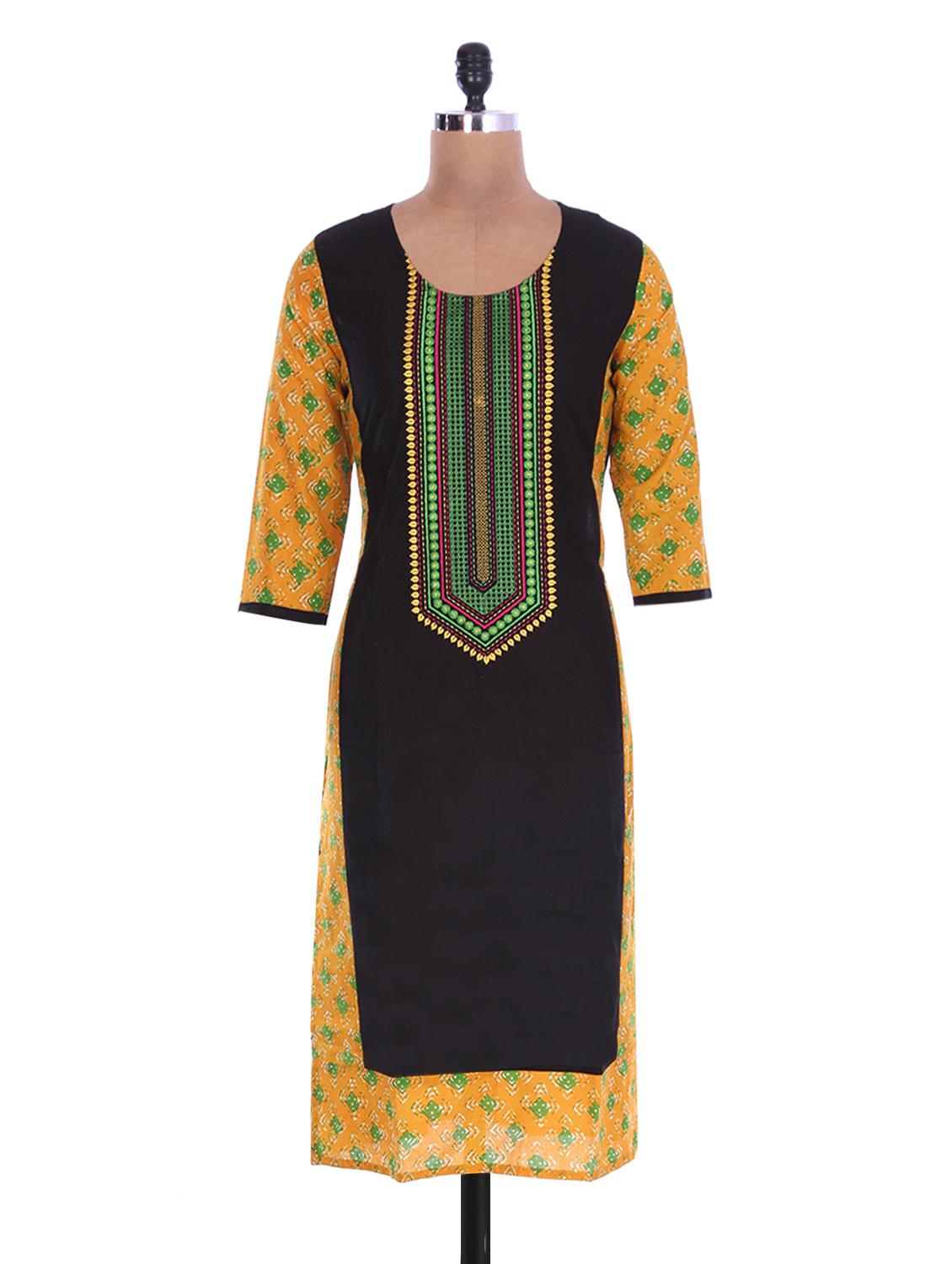 Black Cotton Printed Kurta - By
