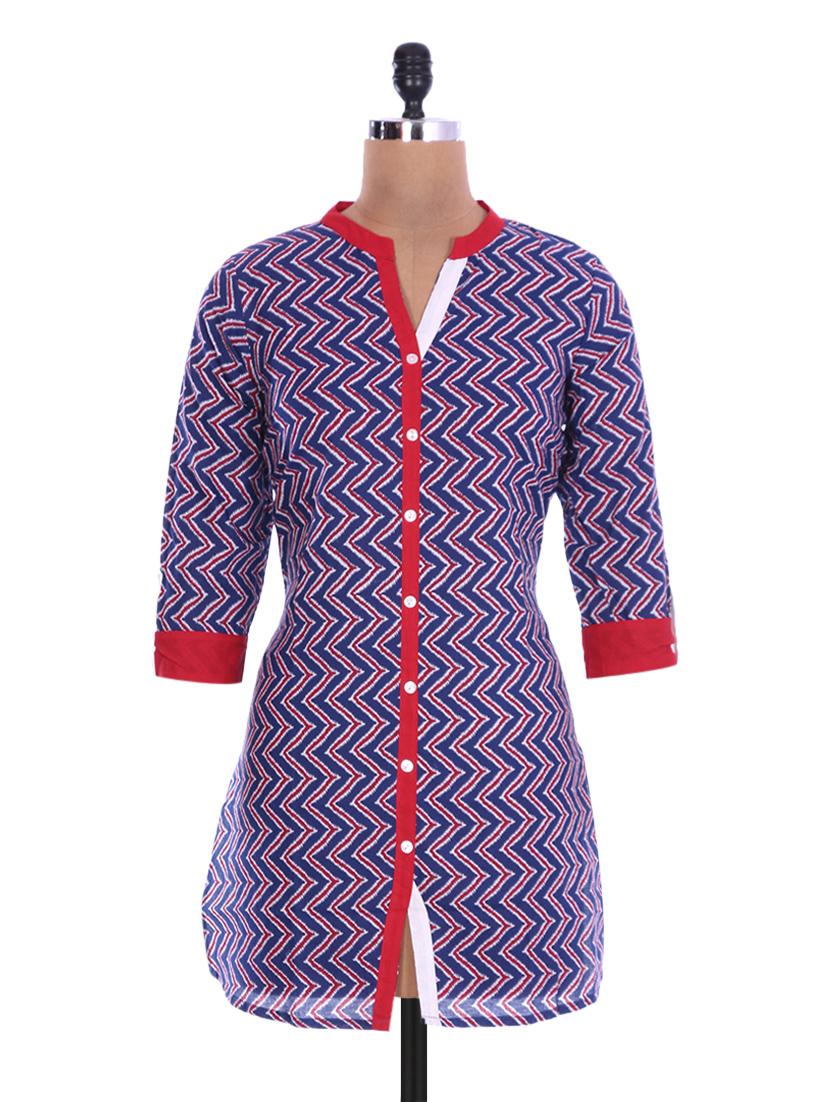 Red And Blue Cotton Printed Kurta - By