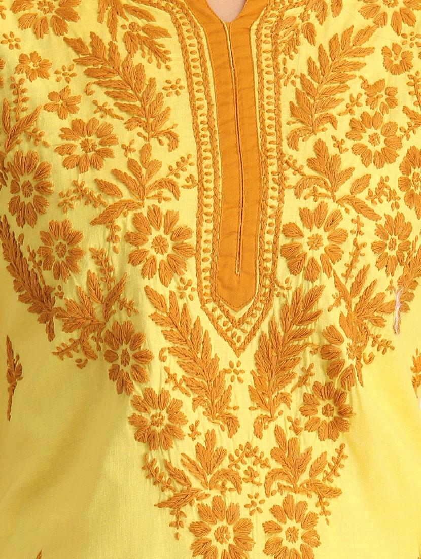yellow cotton straight kurta - 12245190 - Zoom Image - 4