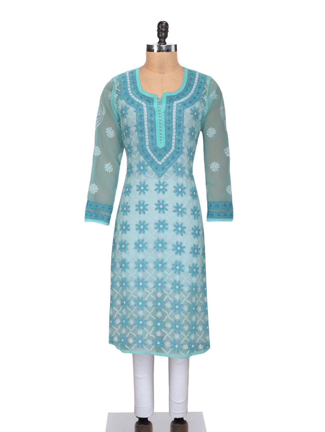 Turquoise Cotton Chikankari Kurta - By