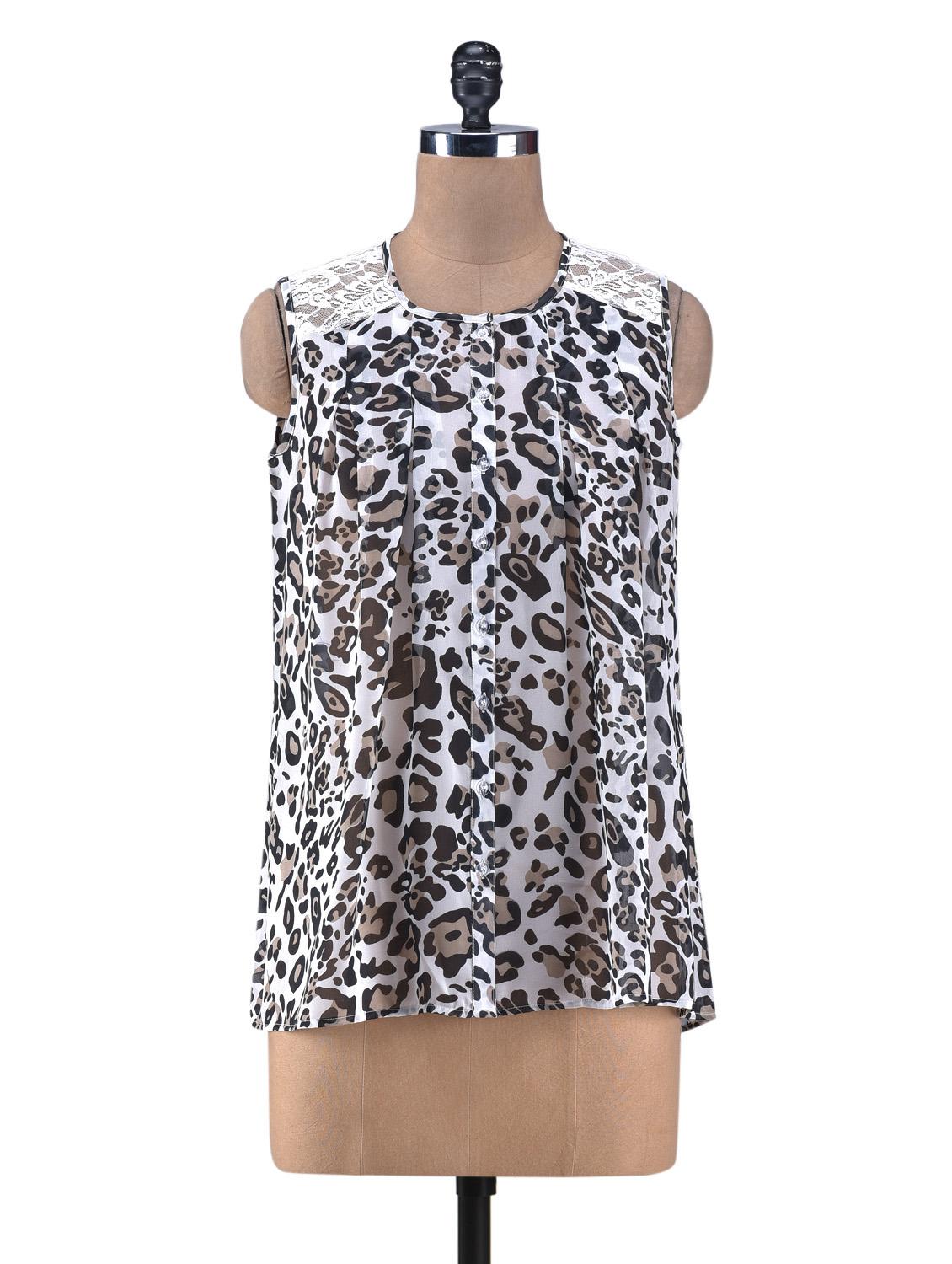 White Printed Gathered Top With Lace Yoke - By