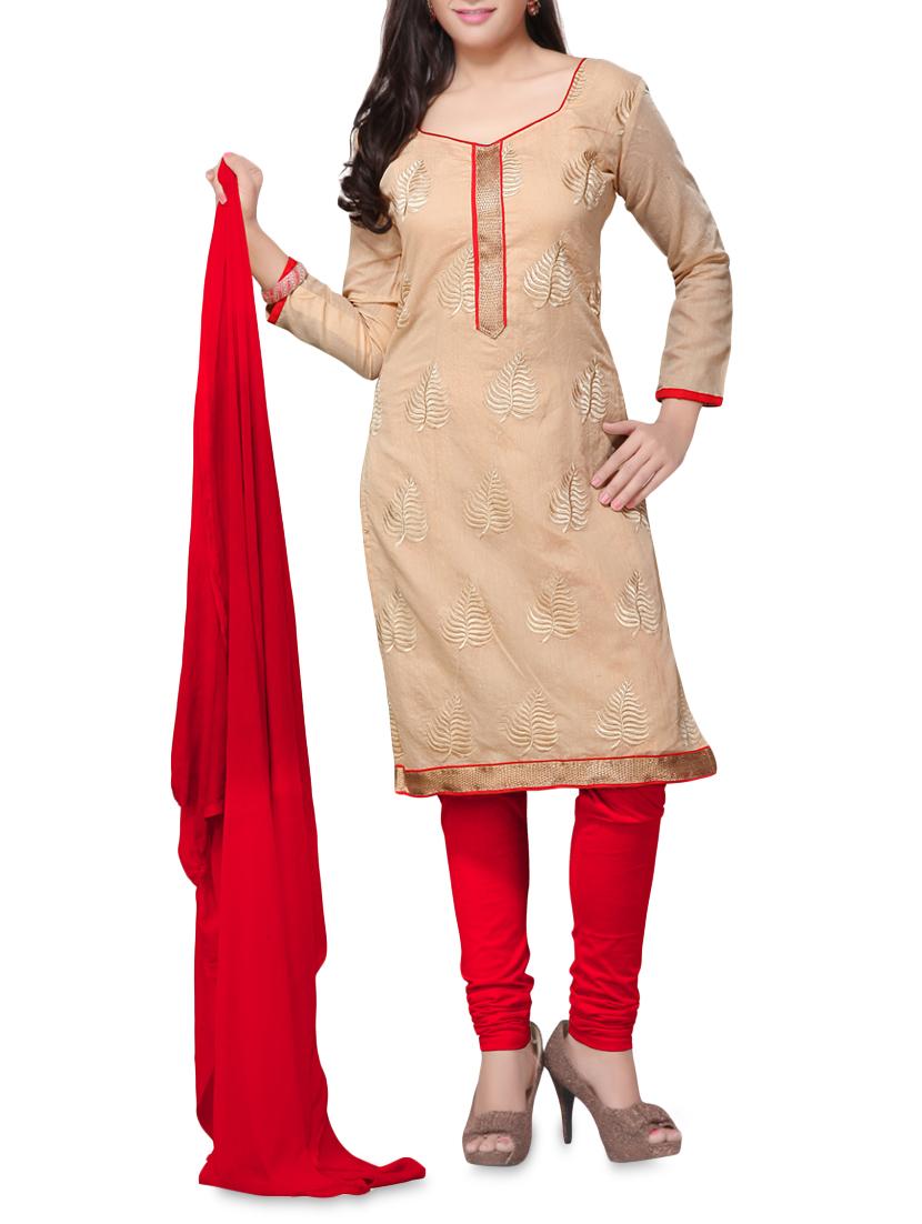 Beige Embroidered Chanderi Cotton Semi Stitched Suit - By