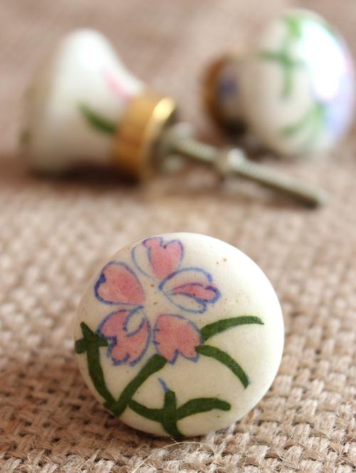 White And Pink Floral Ceramic Knobs (Set Of 6) - NEERJA