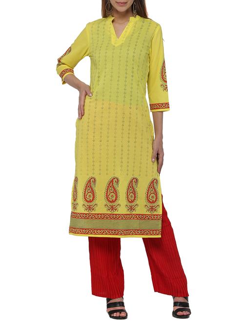 yellow cotton straight kurta - 12453665 - Standard Image - 1