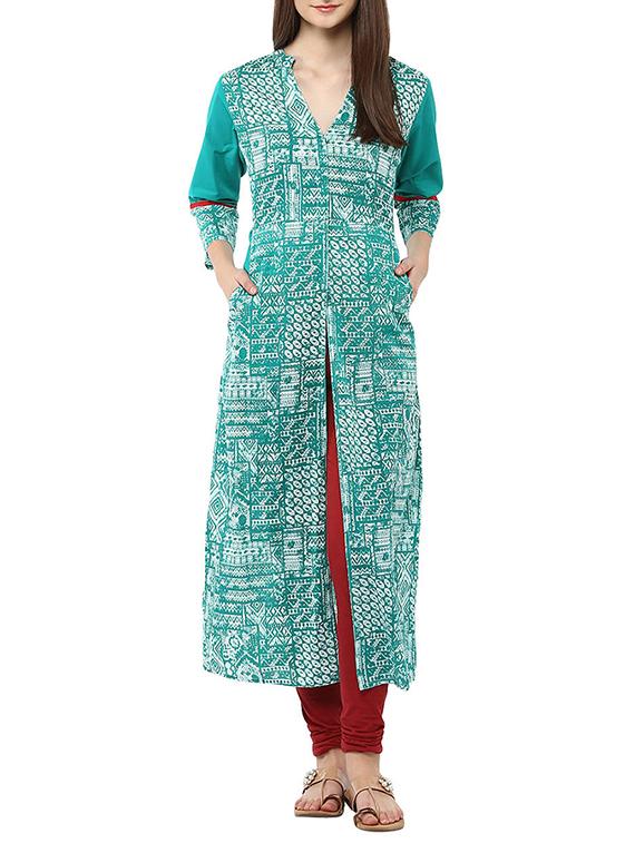 Turquoise Cotton Straight Kurta - By