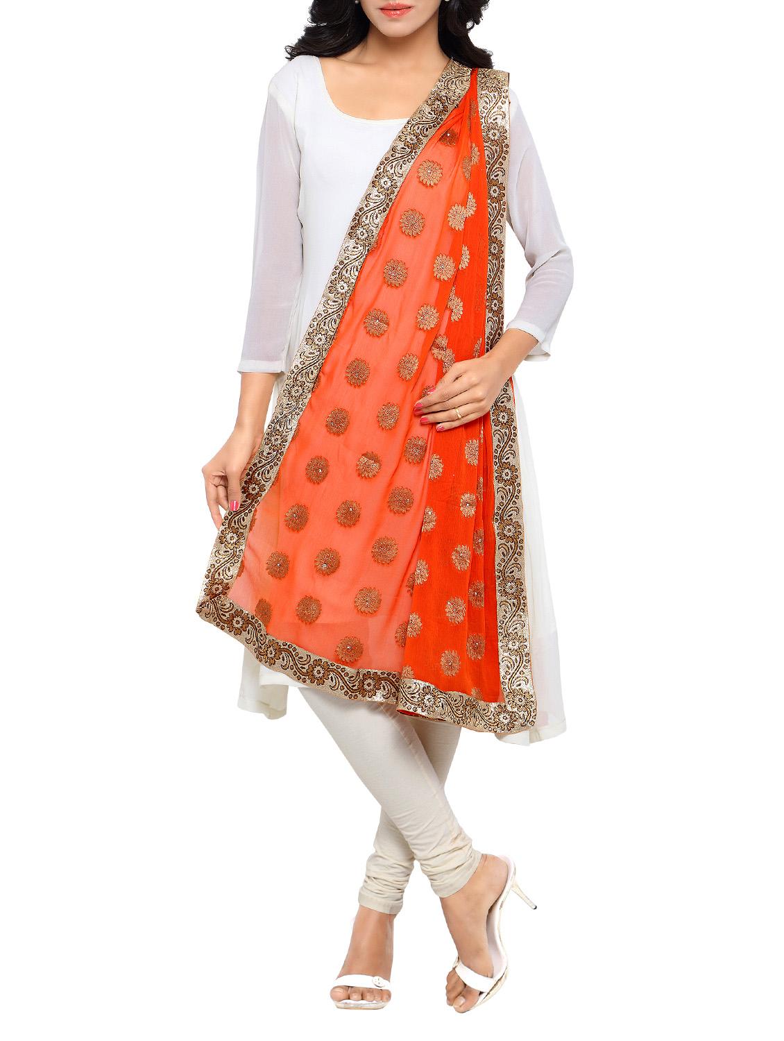Orange Chiffon Banarasi Dupatta - By
