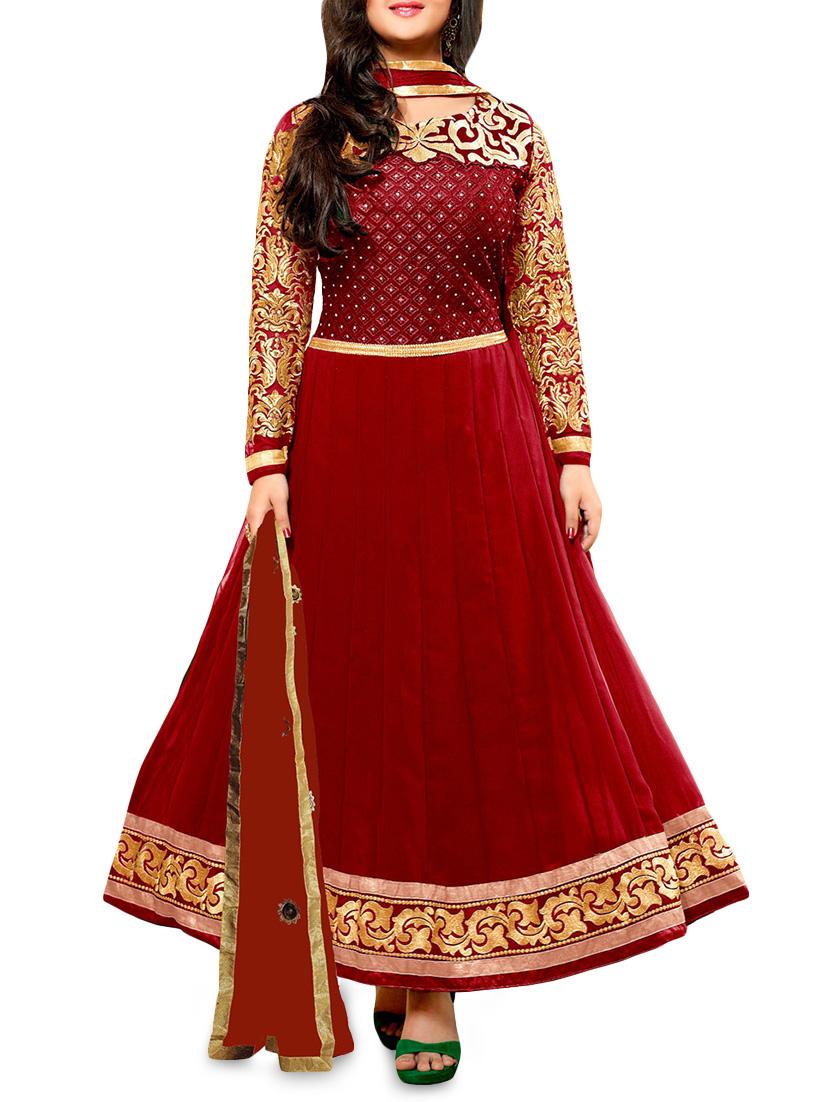 Red Embroidered Semi Stitched Silk Anarkali Suit Piece - By