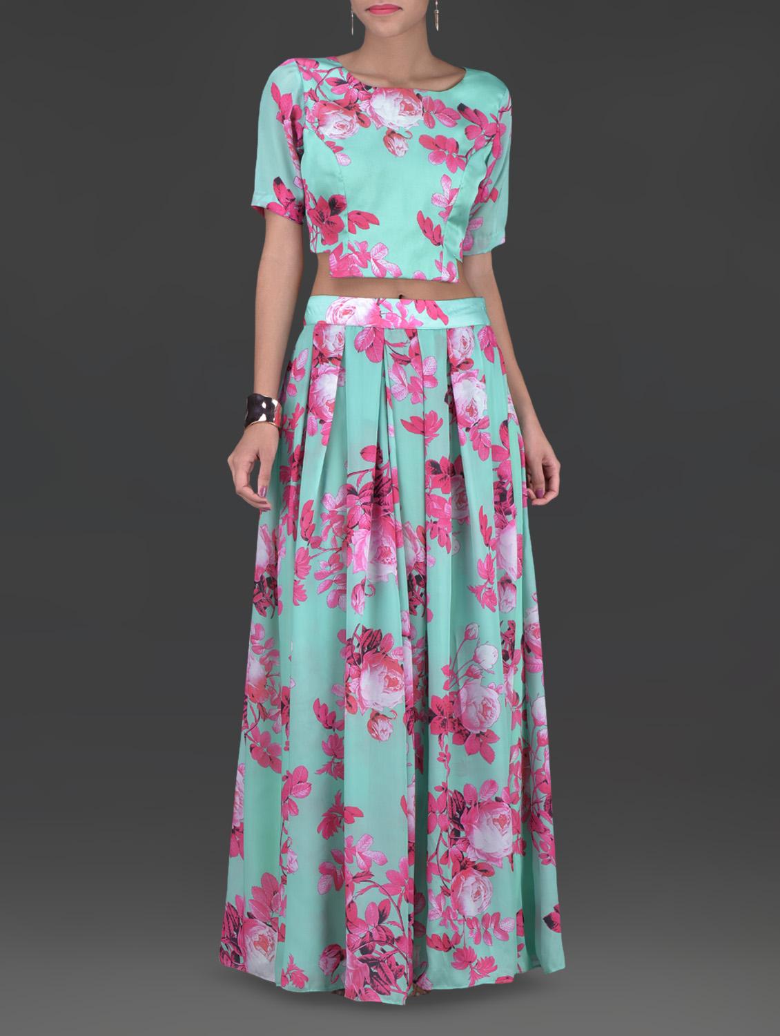 Green And Pink Polygeorgette Printed Top And Skirt Set - By