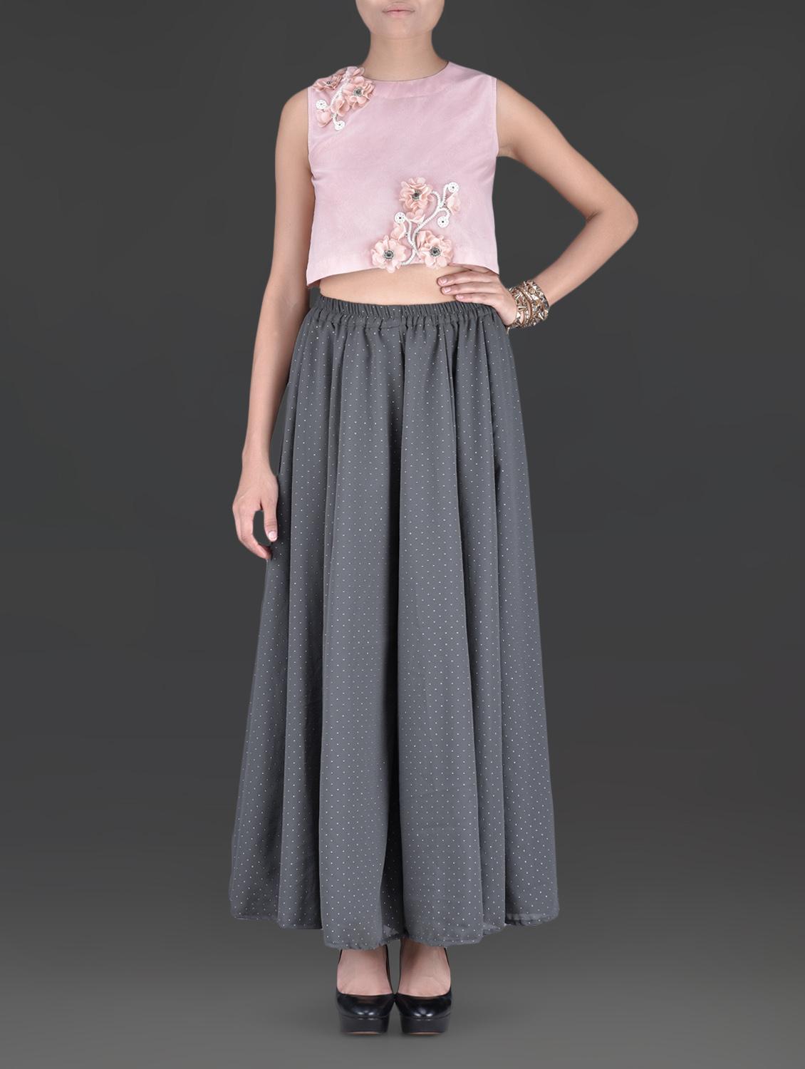 Rose Pink Crop Top With Grey Palazzos - By