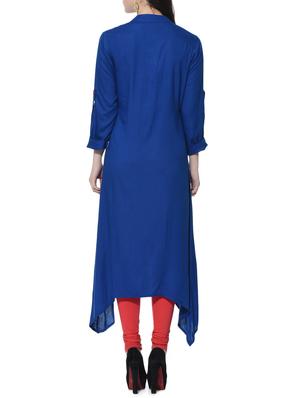 Royal blue Asymmetric solid Kurta - 12648597 - Standard Image - 4