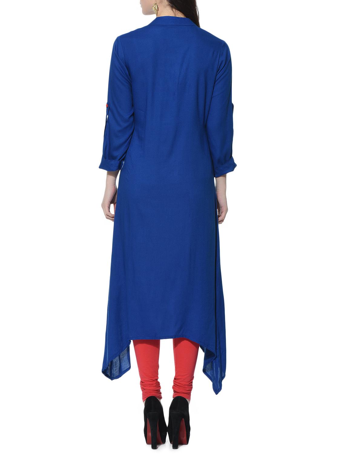 Royal blue Asymmetric solid Kurta - 12648597 - Zoom Image - 4