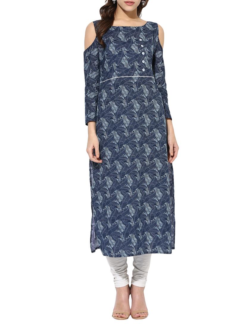 Blue Cotton Printed Cold Shoulder Kurta - By