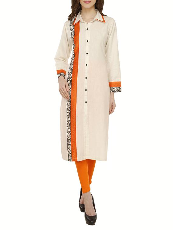 Beige Block Printed Cotton Straight Kurta - By