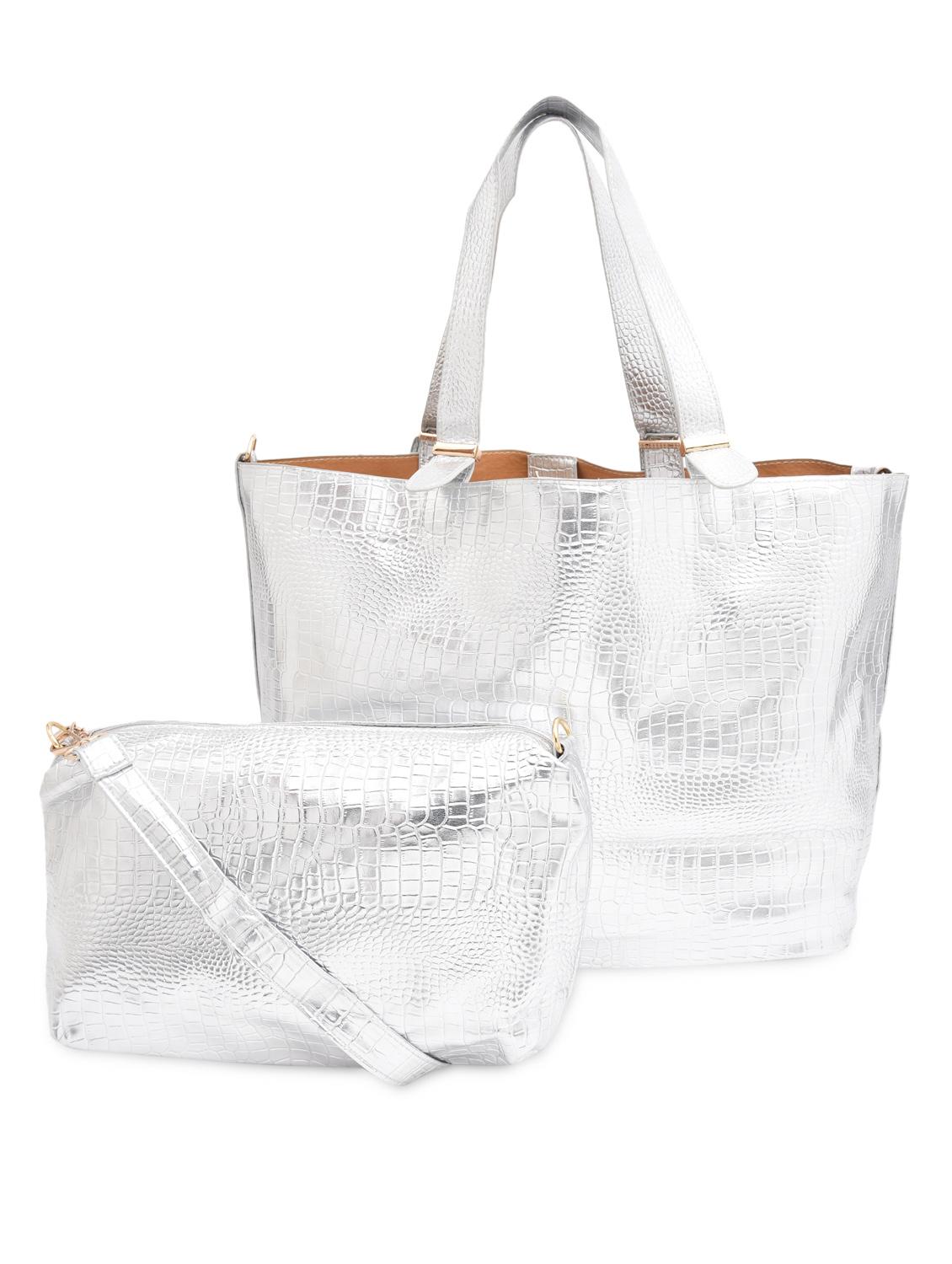 Textured Silver Faux Leather Tote With Sling Bag - By