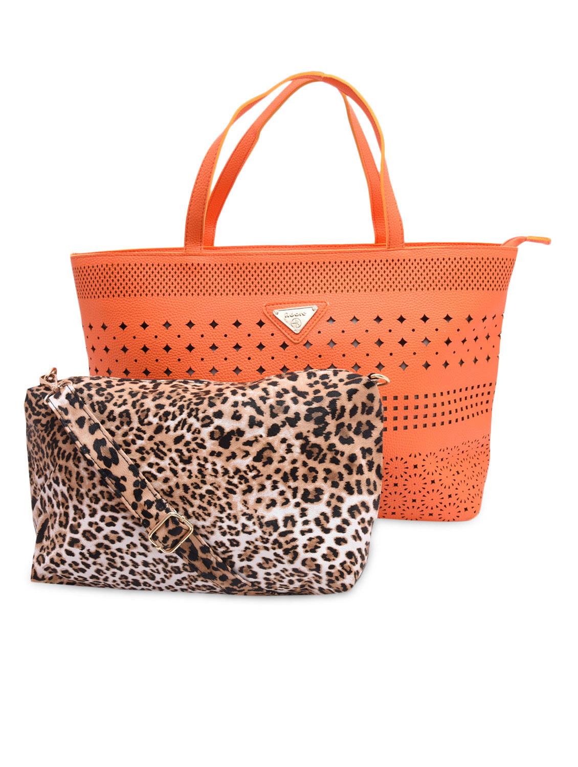 Orange Cut-work Detailed Handbag With Sling Bag - By