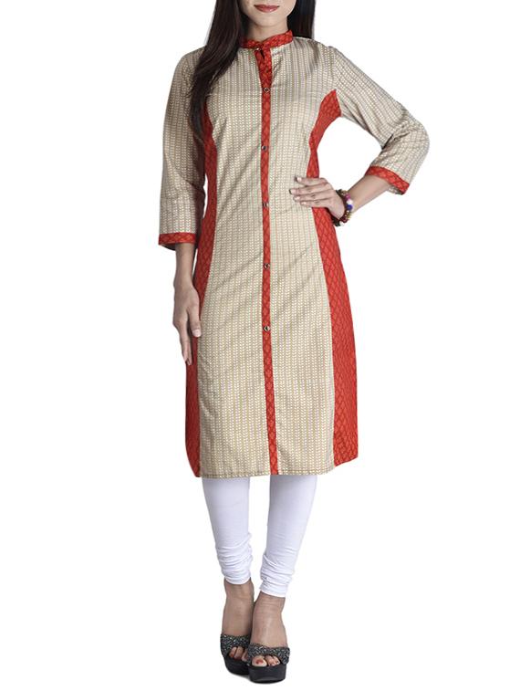 Beige And Red Cotton Straight Kurta - By