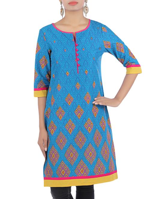 Blue Cotton Printed Kurti - 1292597 - Very Small Image - 1