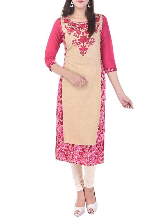 Beige Embroidered Cotton Straight Kurta - By