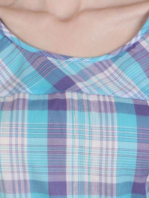 sky blue cotton checks printed a-line kurti - 12951555 - Standard Image - 4