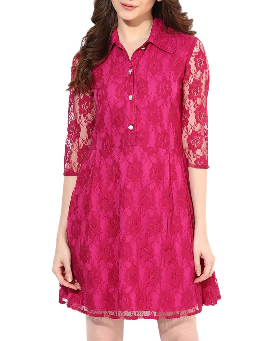 Fuchsia Poly Lace Shirt Dress - By