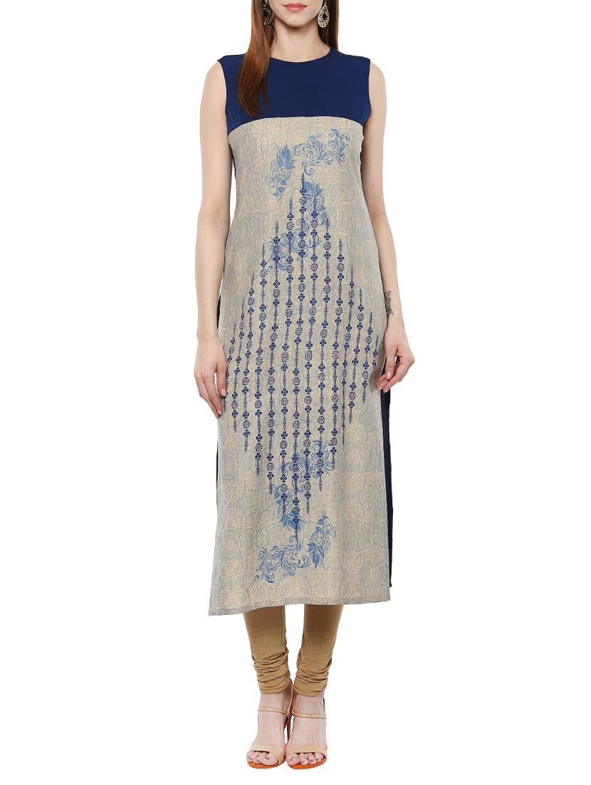 Beige And Blue Cotton Straight Kurta - By