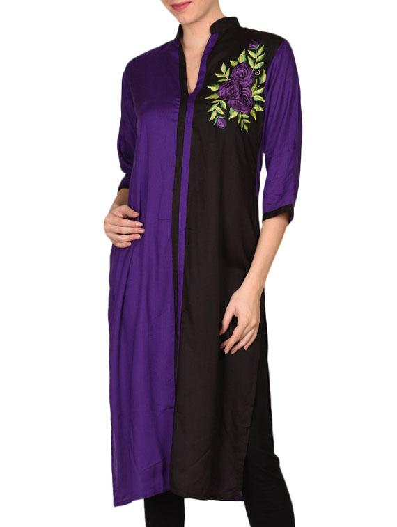 Purple And Black Rayon Embroidered Kurta - By