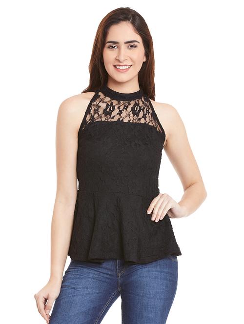 mock neck floral laced peplum top - 12993236 - Very Small Image - 1