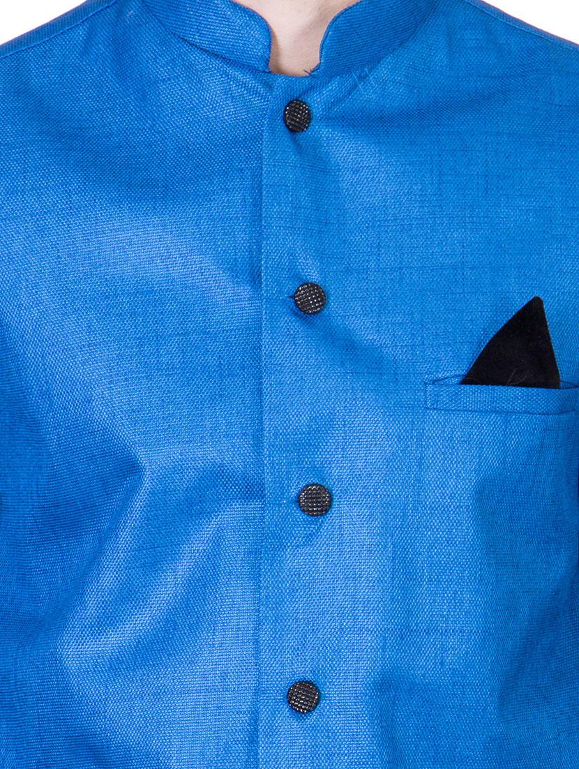 solid blue cotton nehru jacket - 13087054 - Zoom Image - 4