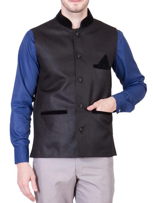 solid charcoal grey cotton nehru jacket - 13087057 - Standard Image - 1