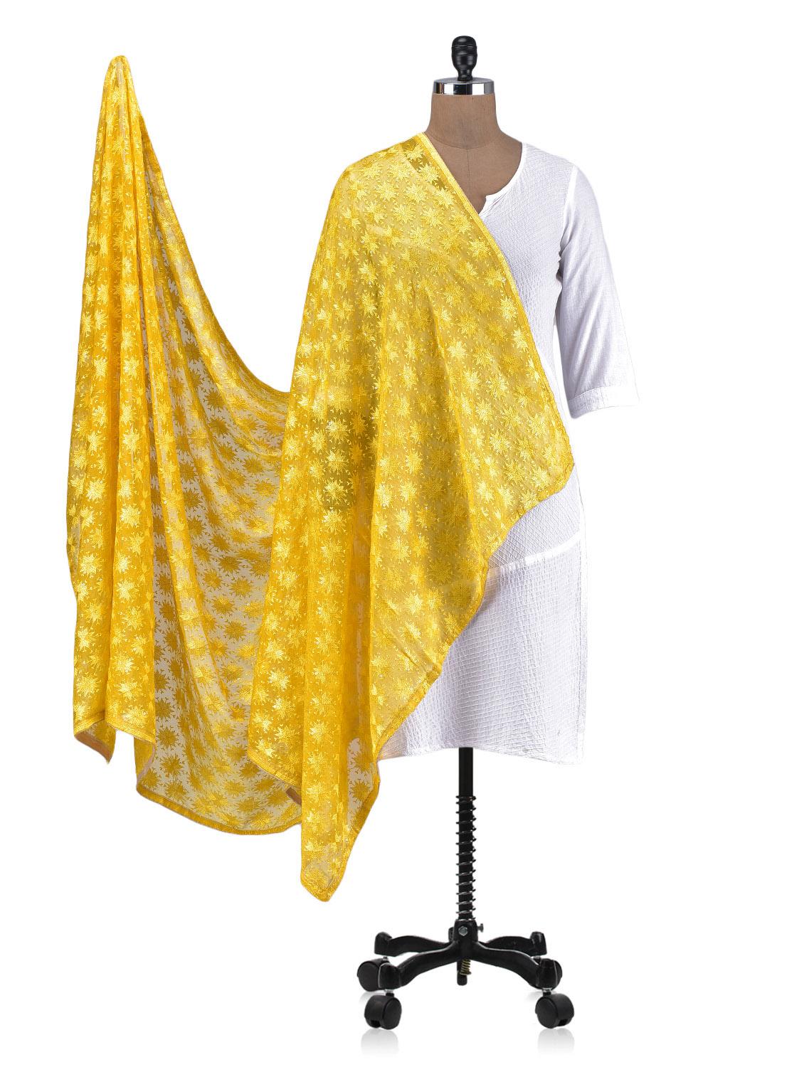 Yellow Chiffon Embroidered Dupatta - By