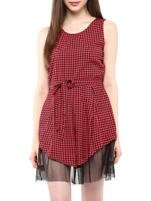 belted houndstooth mesh panel hem dress - 13125865 - Very Small Image - 1
