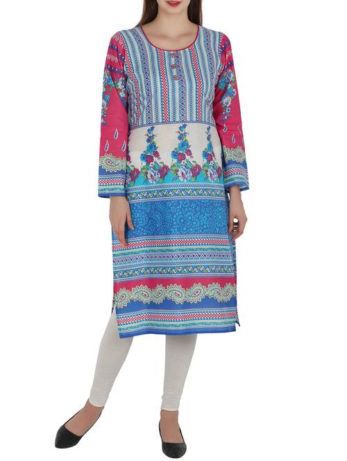 blue cotton printed straight kurta - 13134891 - Very Small Image - 1
