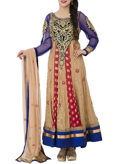 beige georgette flared suits stitched suit - 13159177 - Standard Image - 1