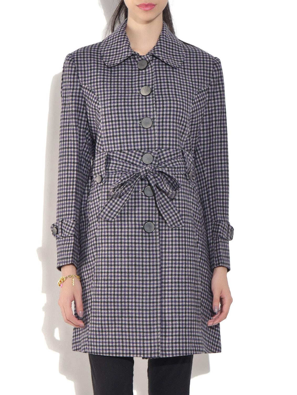 Grey Wool Blend Checkered Long Sleeves Coat - By - 1317570