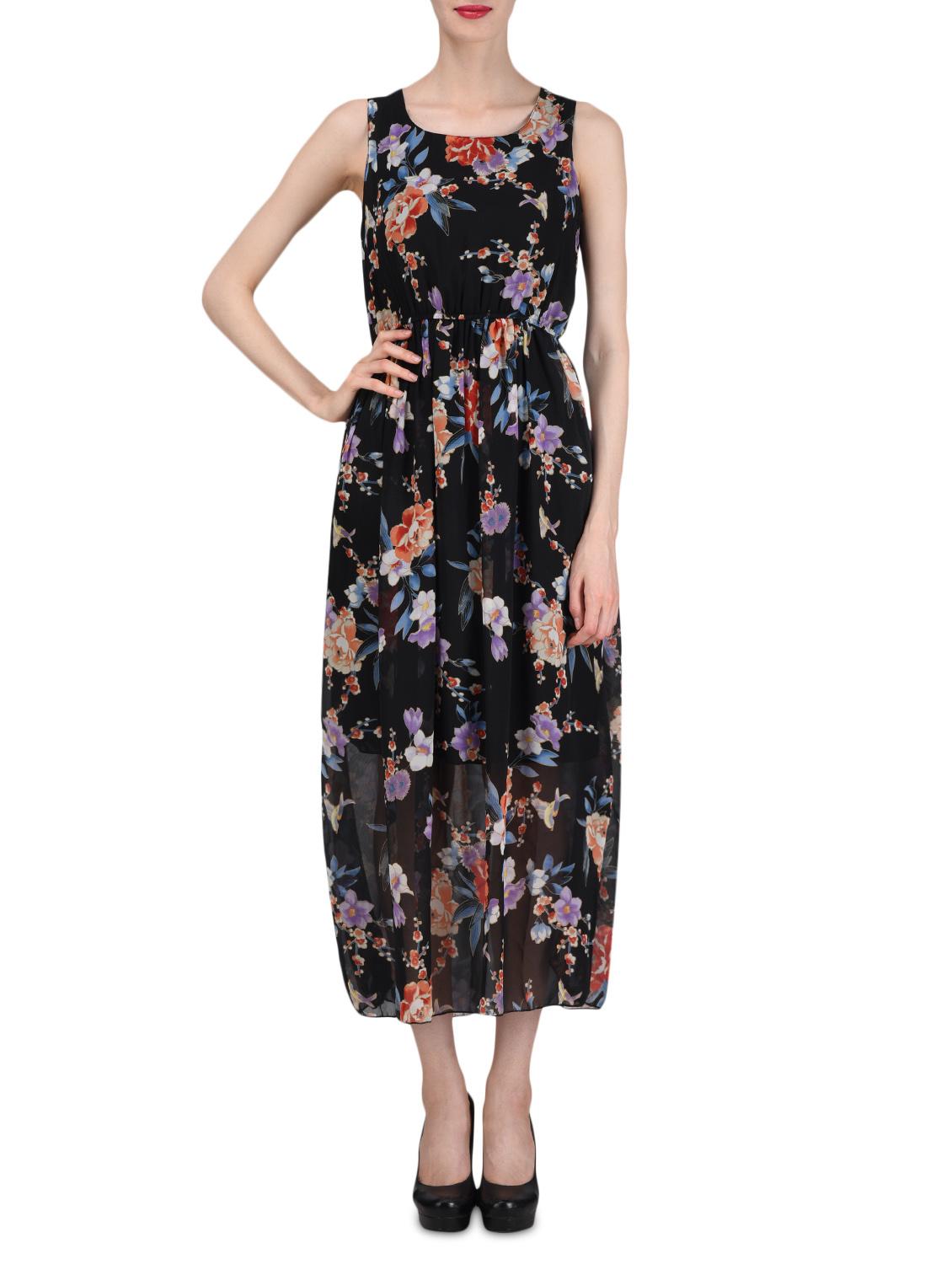 Black Floral Print Sleeveless Georgette Dress - By