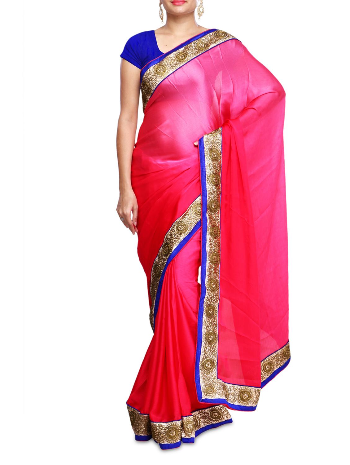 Pink Satin Chiffon Plain Bordered Saree - By