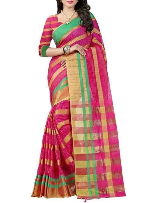 Multicoloured cotton striped saree with blouse - 13259659 - Very Small Image - 1