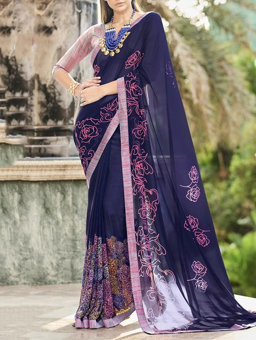 blue faux georgette printed saree with blouse - 13275476 - Very Small Image - 1