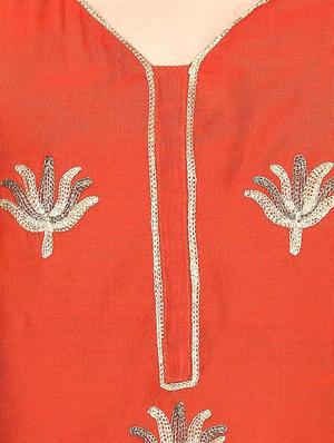 orange chanderi embroidered stitched churidaar suit - 13296929 - Standard Image - 4