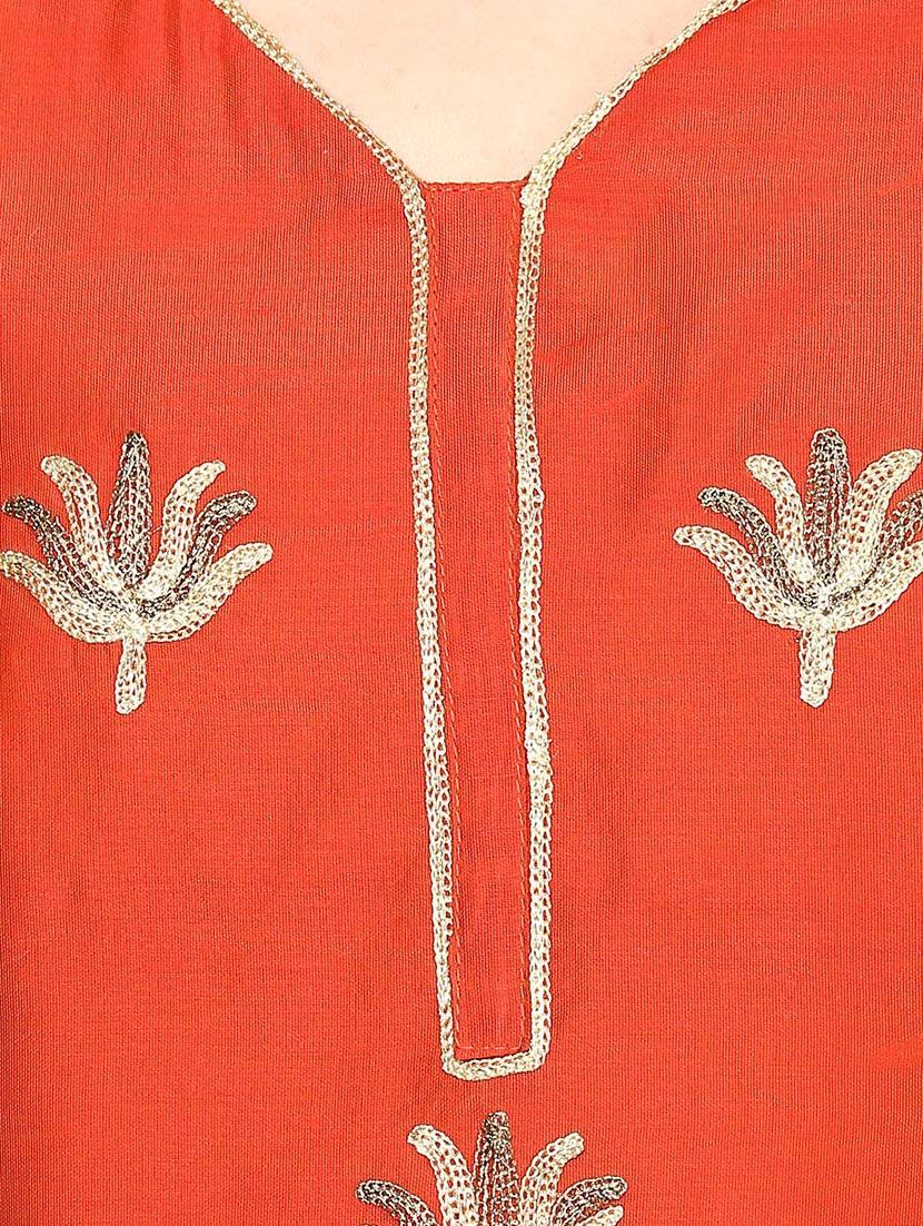 orange chanderi embroidered stitched churidaar suit - 13296929 - Zoom Image - 4