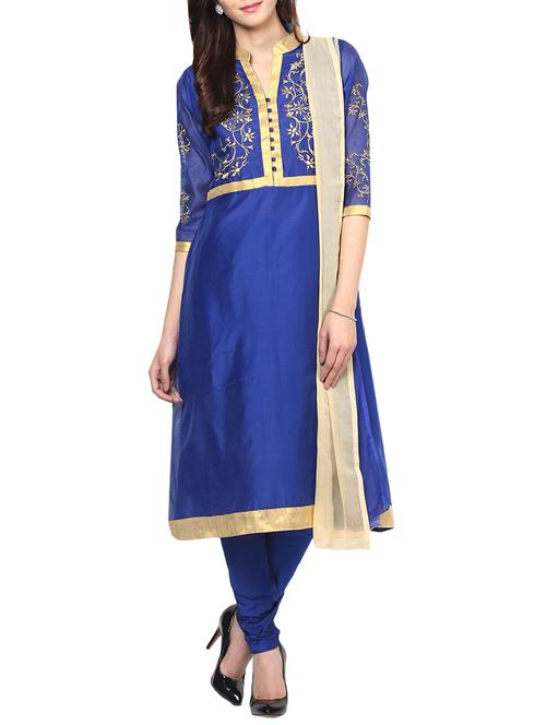 blue chanderi embroidered stitched churidaar suit - 13296938 - Standard Image - 1