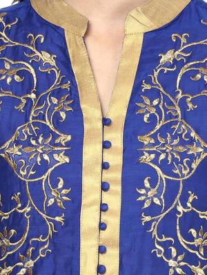 blue chanderi embroidered stitched churidaar suit - 13296938 - Standard Image - 4