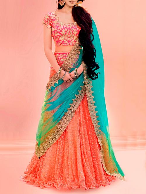 orange embroidered flared lehenga - 13301951 - Standard Image - 1