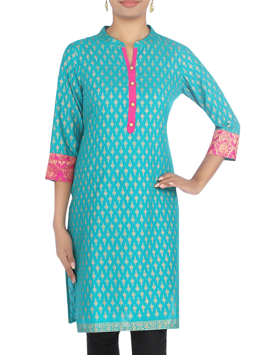 Turquoise Cotton Printed Kurta - By