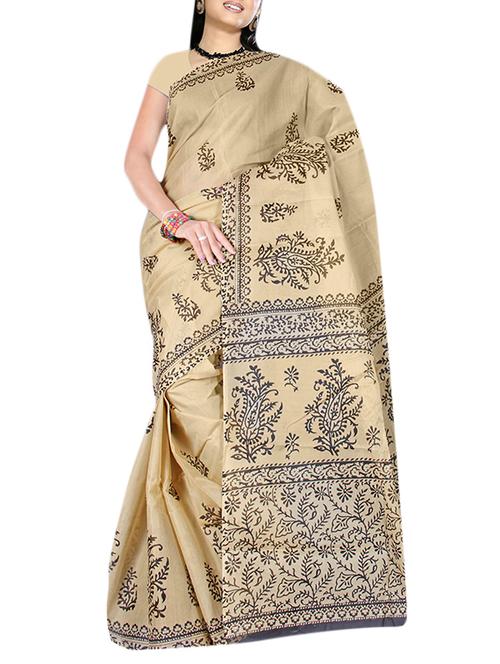 beige Poly cotton printed saree with blouse - 13326892 - Standard Image - 1