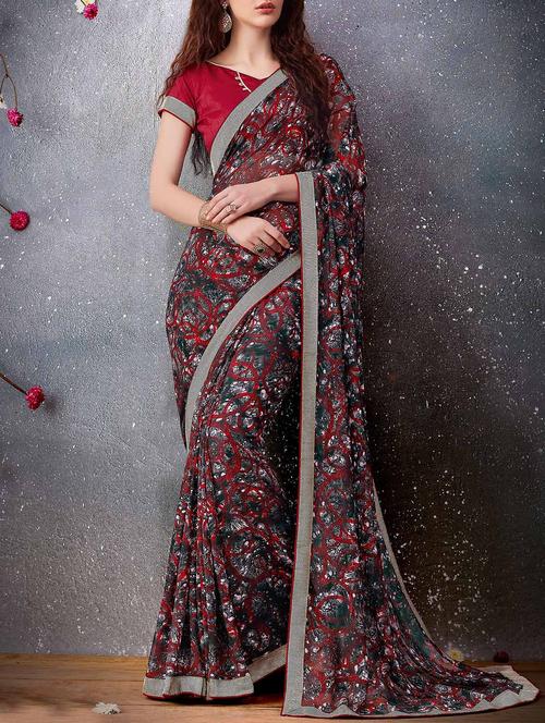 grey georgette printed saree with blouse - 13356664 - Standard Image - 1