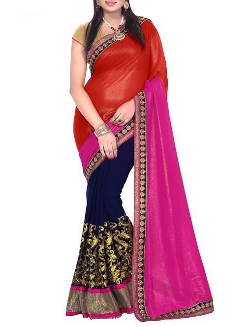 maroon & blue chiffon embroidered half and half saree with blouse - 13365964 - Standard Image - 1