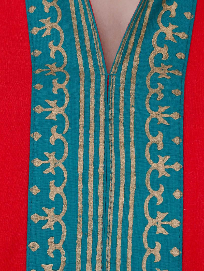 red and blue cotton straight kurta - 13371898 - Zoom Image - 4